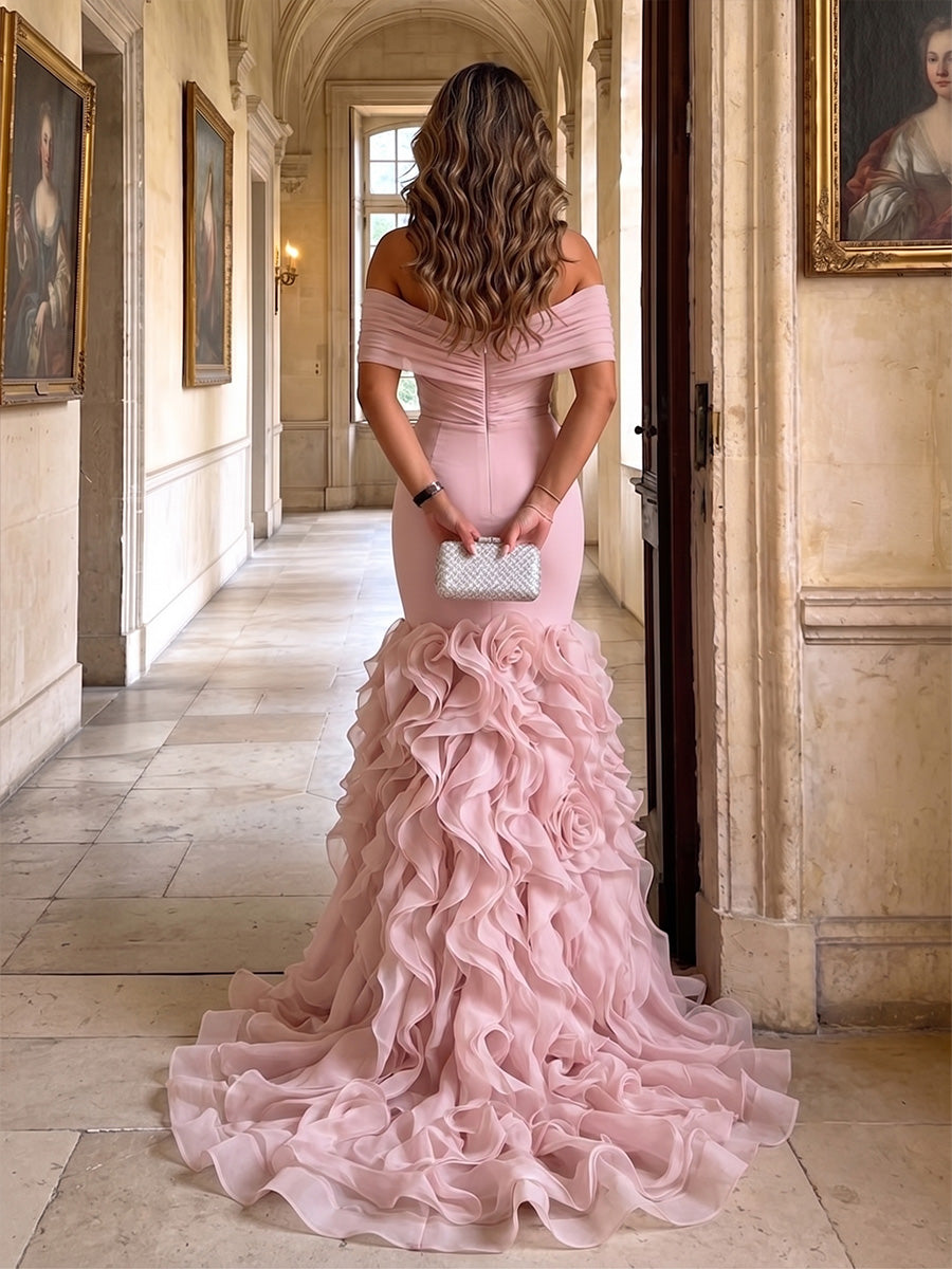 Stretch Jersey Mermaid/Trumpet Off Shoulder Maxi Evening Dresses with Tiered Layers & Ruffles