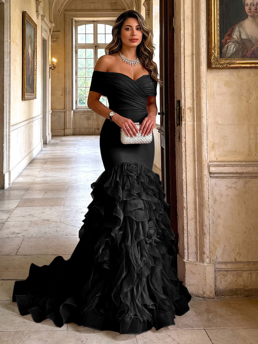 Stretch Jersey Mermaid/Trumpet Off Shoulder Maxi Evening Dresses with Tiered Layers & Ruffles