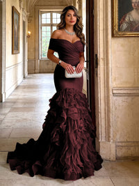 Stretch Jersey Mermaid/Trumpet Off Shoulder Maxi Evening Dresses with Tiered Layers & Ruffles