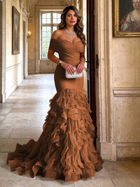 Stretch Jersey Mermaid/Trumpet Off Shoulder Maxi Evening Dresses with Tiered Layers & Ruffles