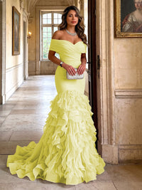 Stretch Jersey Mermaid/Trumpet Off Shoulder Maxi Evening Dresses with Tiered Layers & Ruffles