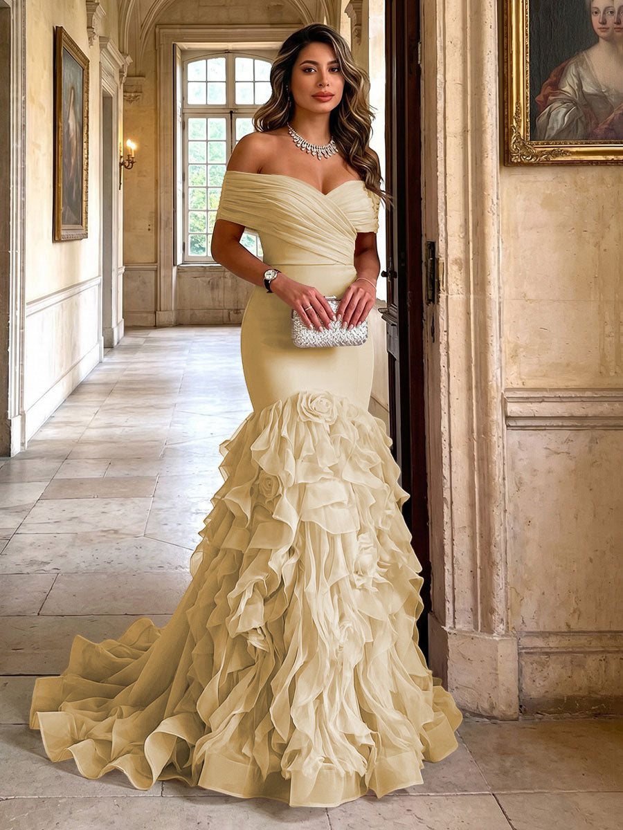 Stretch Jersey Mermaid/Trumpet Off Shoulder Maxi Evening Dresses with Tiered Layers & Ruffles
