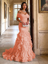 Stretch Jersey Mermaid/Trumpet Off Shoulder Maxi Evening Dresses with Tiered Layers & Ruffles