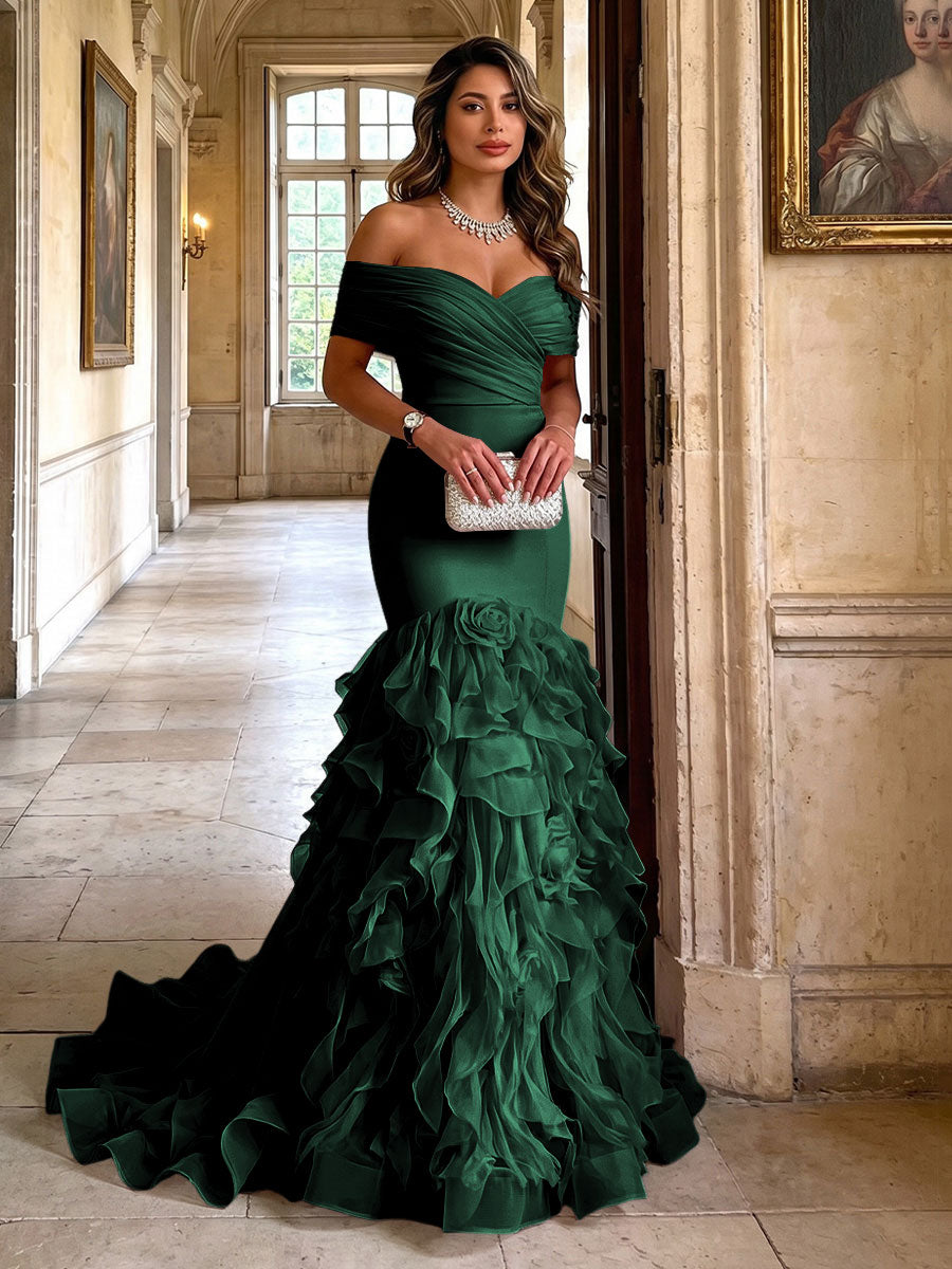 Stretch Jersey Mermaid/Trumpet Off Shoulder Maxi Evening Dresses with Tiered Layers & Ruffles