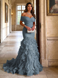 Stretch Jersey Mermaid/Trumpet Off Shoulder Maxi Evening Dresses with Tiered Layers & Ruffles