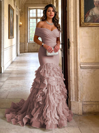 Stretch Jersey Mermaid/Trumpet Off Shoulder Maxi Evening Dresses with Tiered Layers & Ruffles
