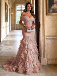 Stretch Jersey Mermaid/Trumpet Off Shoulder Maxi Evening Dresses with Tiered Layers & Ruffles