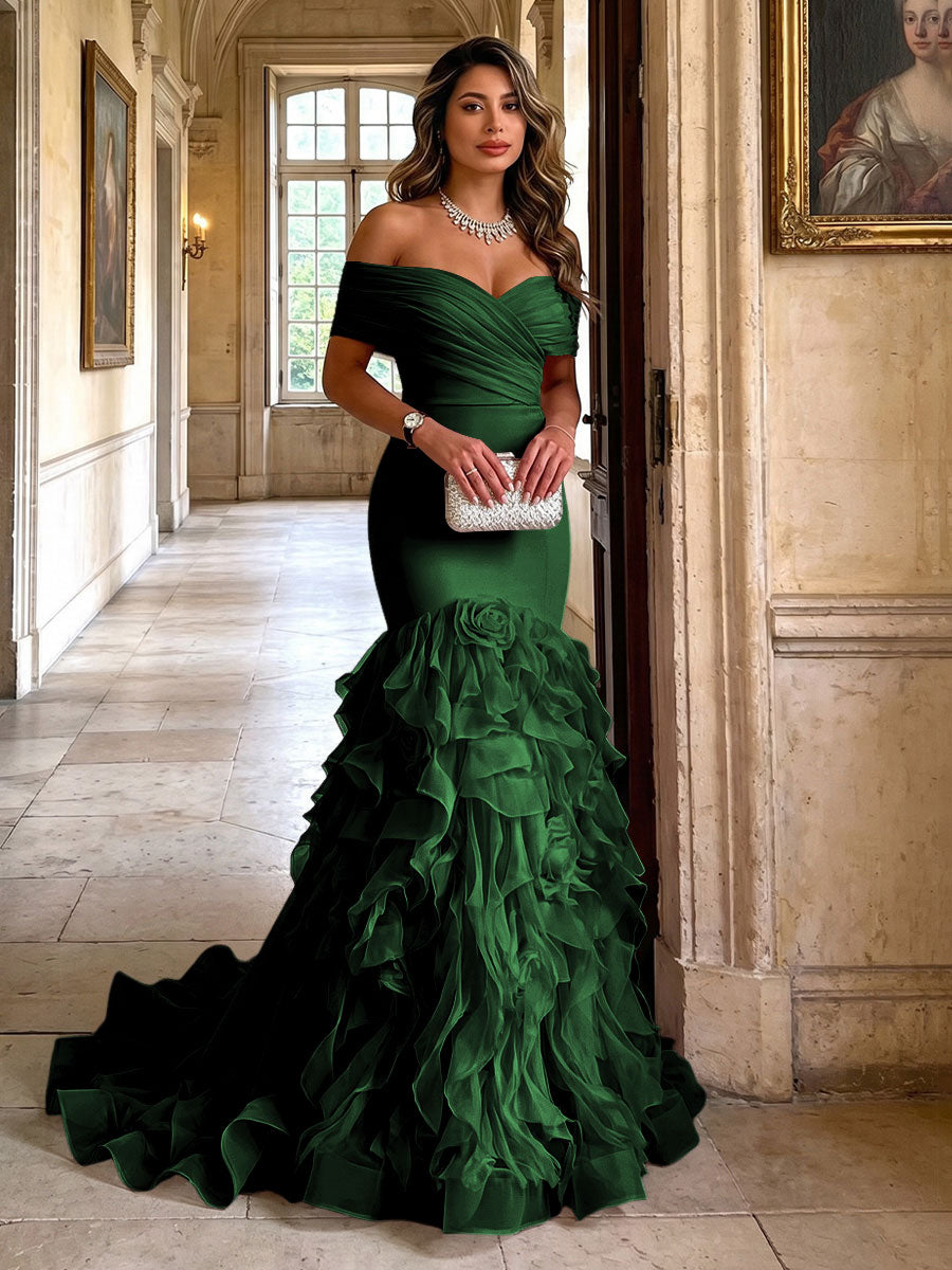 Stretch Jersey Mermaid/Trumpet Off Shoulder Maxi Evening Dresses with Tiered Layers & Ruffles