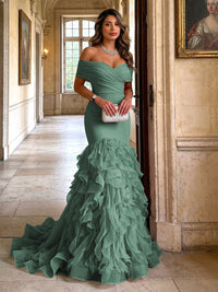 Stretch Jersey Mermaid/Trumpet Off Shoulder Maxi Evening Dresses with Tiered Layers & Ruffles