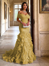 Stretch Jersey Mermaid/Trumpet Off Shoulder Maxi Evening Dresses with Tiered Layers & Ruffles