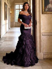 Stretch Jersey Mermaid/Trumpet Off Shoulder Maxi Evening Dresses with Tiered Layers & Ruffles