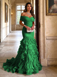 Stretch Jersey Mermaid/Trumpet Off Shoulder Maxi Evening Dresses with Tiered Layers & Ruffles