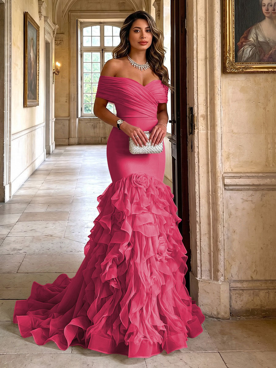 Stretch Jersey Mermaid/Trumpet Off Shoulder Maxi Evening Dresses with Tiered Layers & Ruffles