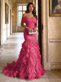 Stretch Jersey Mermaid/Trumpet Off Shoulder Maxi Evening Dresses with Tiered Layers & Ruffles