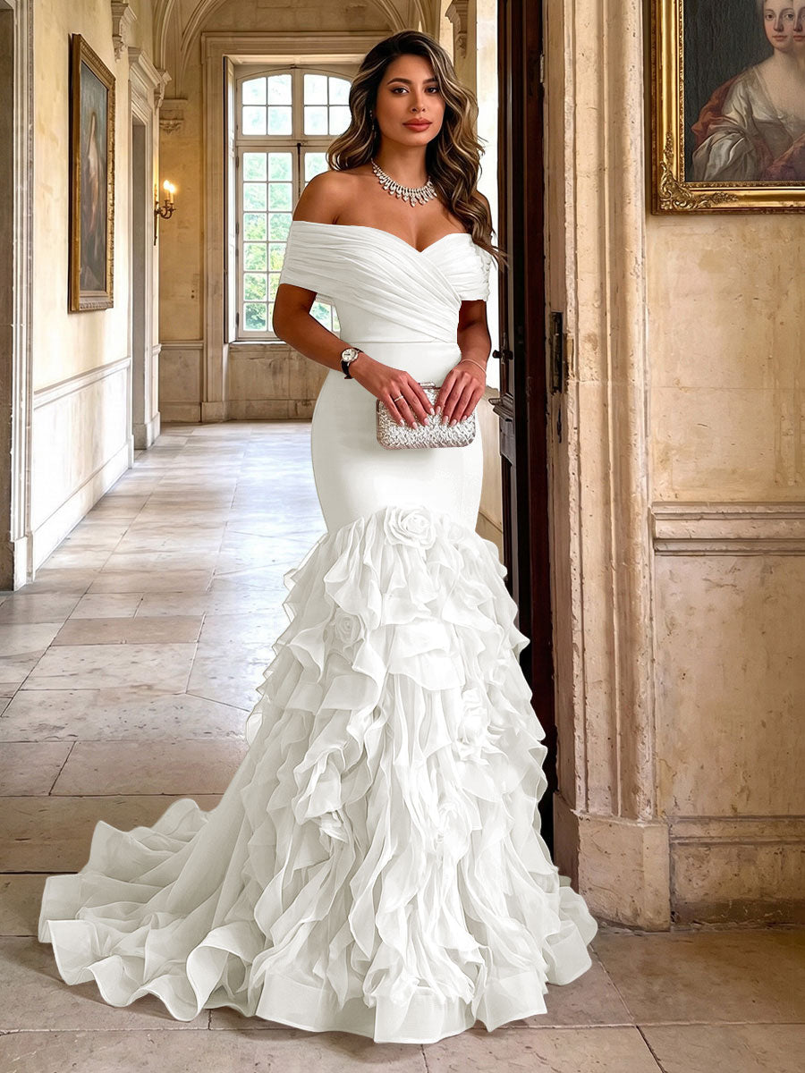 Stretch Jersey Mermaid/Trumpet Off Shoulder Maxi Evening Dresses with Tiered Layers & Ruffles