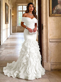 Stretch Jersey Mermaid/Trumpet Off Shoulder Maxi Evening Dresses with Tiered Layers & Ruffles