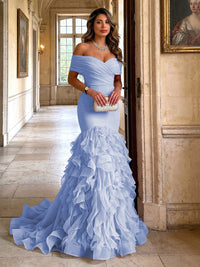 Stretch Jersey Mermaid/Trumpet Off Shoulder Maxi Evening Dresses with Tiered Layers & Ruffles