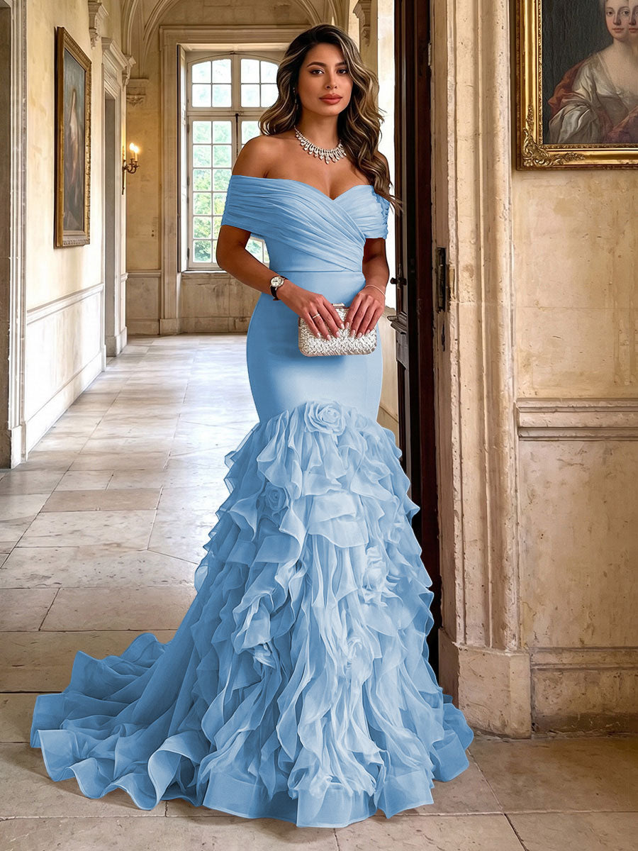 Stretch Jersey Mermaid/Trumpet Off Shoulder Maxi Evening Dresses with Tiered Layers & Ruffles