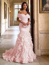 Stretch Jersey Mermaid/Trumpet Off Shoulder Maxi Evening Dresses with Tiered Layers & Ruffles