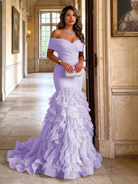 Stretch Jersey Mermaid/Trumpet Off Shoulder Maxi Evening Dresses with Tiered Layers & Ruffles
