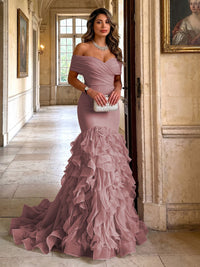 Stretch Jersey Mermaid/Trumpet Off Shoulder Maxi Evening Dresses with Tiered Layers & Ruffles