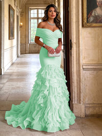 Stretch Jersey Mermaid/Trumpet Off Shoulder Maxi Evening Dresses with Tiered Layers & Ruffles
