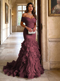 Stretch Jersey Mermaid/Trumpet Off Shoulder Maxi Evening Dresses with Tiered Layers & Ruffles