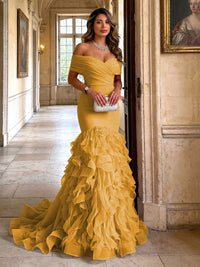 Stretch Jersey Mermaid/Trumpet Off Shoulder Maxi Evening Dresses with Tiered Layers & Ruffles