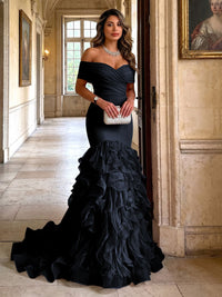 Stretch Jersey Mermaid/Trumpet Off Shoulder Maxi Evening Dresses with Tiered Layers & Ruffles