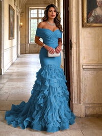Stretch Jersey Mermaid/Trumpet Off Shoulder Maxi Evening Dresses with Tiered Layers & Ruffles
