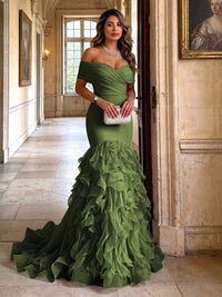 Stretch Jersey Mermaid/Trumpet Off Shoulder Maxi Evening Dresses with Tiered Layers & Ruffles