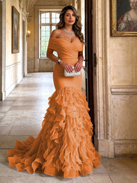 Stretch Jersey Mermaid/Trumpet Off Shoulder Maxi Evening Dresses with Tiered Layers & Ruffles