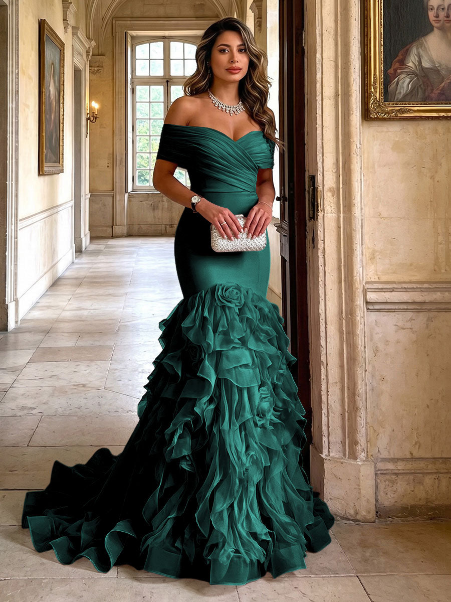 Stretch Jersey Mermaid/Trumpet Off Shoulder Maxi Evening Dresses with Tiered Layers & Ruffles