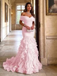 Stretch Jersey Mermaid/Trumpet Off Shoulder Maxi Evening Dresses with Tiered Layers & Ruffles
