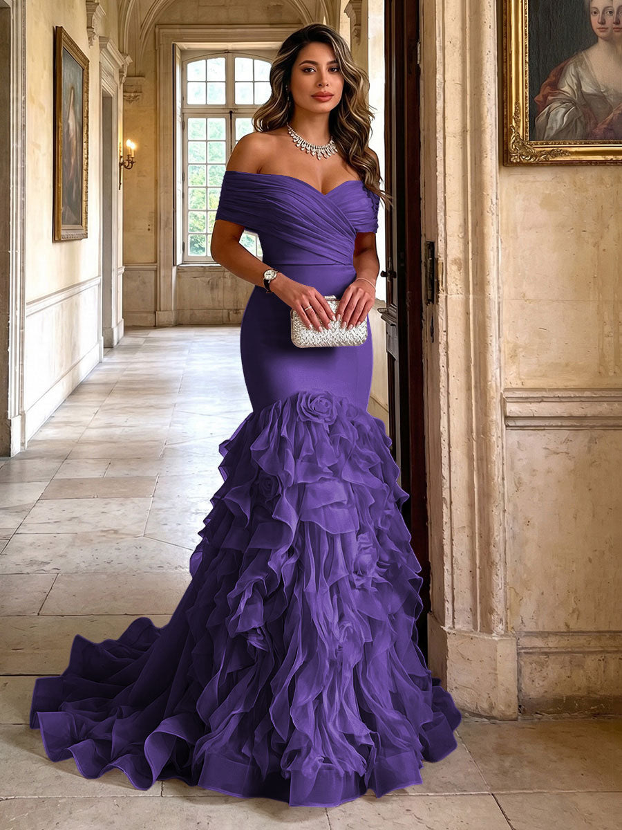 Stretch Jersey Mermaid/Trumpet Off Shoulder Maxi Evening Dresses with Tiered Layers & Ruffles