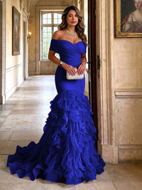 Stretch Jersey Mermaid/Trumpet Off Shoulder Maxi Evening Dresses with Tiered Layers & Ruffles