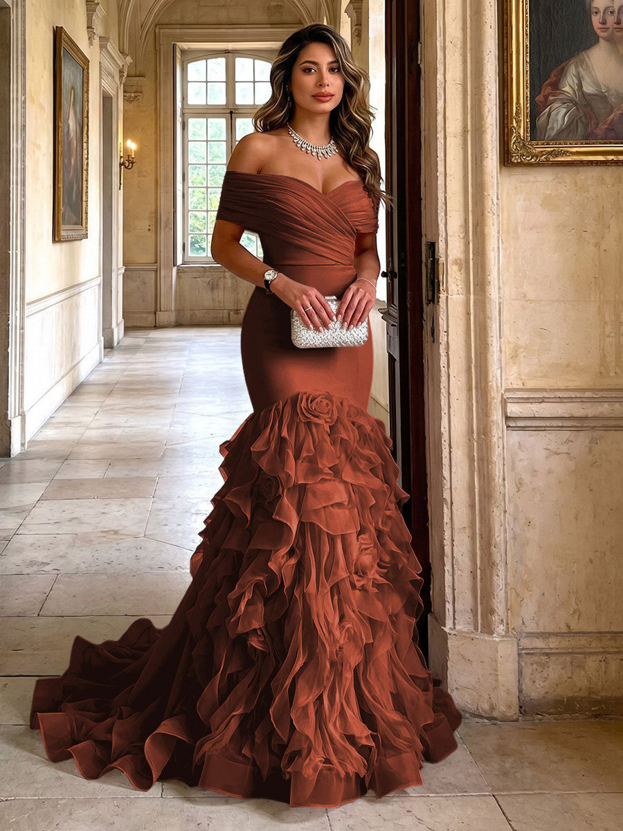 Stretch Jersey Mermaid/Trumpet Off Shoulder Maxi Evening Dresses with Tiered Layers & Ruffles