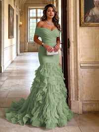 Stretch Jersey Mermaid/Trumpet Off Shoulder Maxi Evening Dresses with Tiered Layers & Ruffles