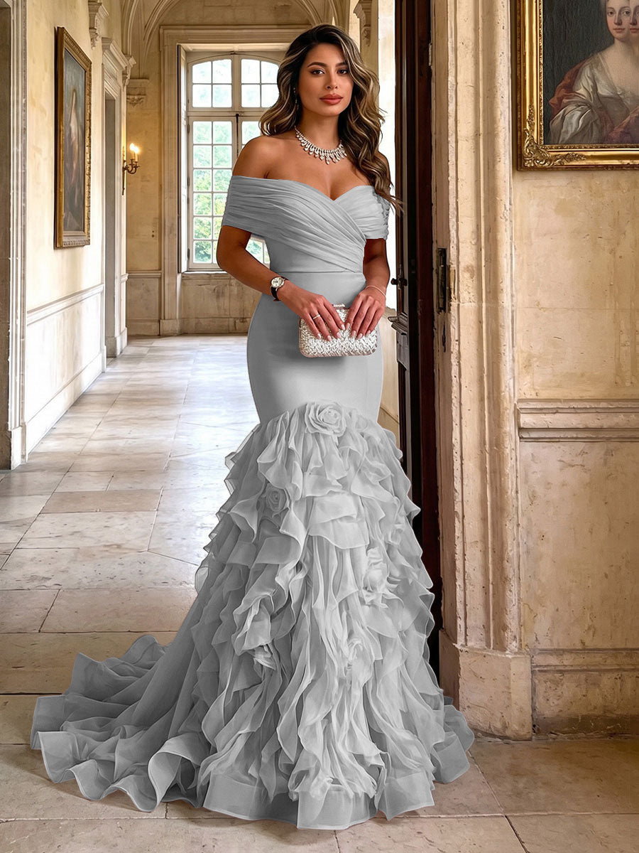 Stretch Jersey Mermaid/Trumpet Off Shoulder Maxi Evening Dresses with Tiered Layers & Ruffles