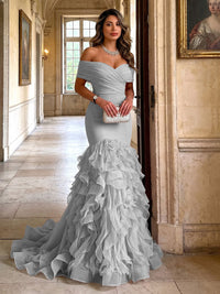 Stretch Jersey Mermaid/Trumpet Off Shoulder Maxi Evening Dresses with Tiered Layers & Ruffles