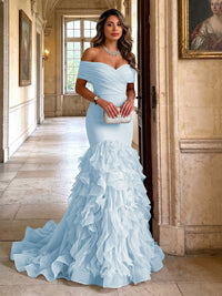 Stretch Jersey Mermaid/Trumpet Off Shoulder Maxi Evening Dresses with Tiered Layers & Ruffles