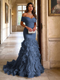 Stretch Jersey Mermaid/Trumpet Off Shoulder Maxi Evening Dresses with Tiered Layers & Ruffles