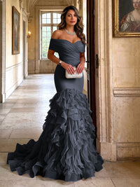 Stretch Jersey Mermaid/Trumpet Off Shoulder Maxi Evening Dresses with Tiered Layers & Ruffles