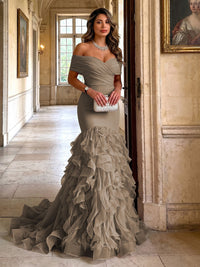 Stretch Jersey Mermaid/Trumpet Off Shoulder Maxi Evening Dresses with Tiered Layers & Ruffles
