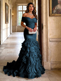 Stretch Jersey Mermaid/Trumpet Off Shoulder Maxi Evening Dresses with Tiered Layers & Ruffles