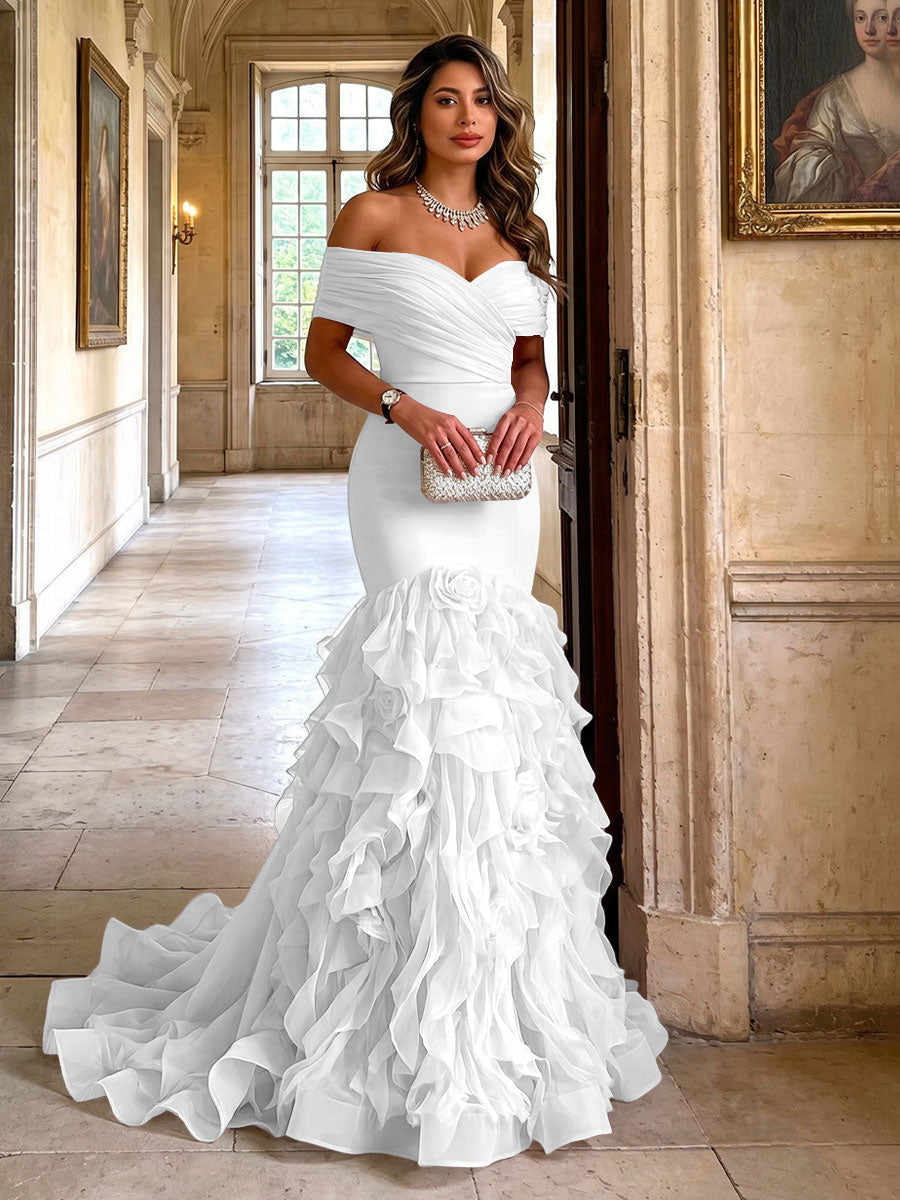 Stretch Jersey Mermaid/Trumpet Off Shoulder Maxi Evening Dresses with Tiered Layers & Ruffles