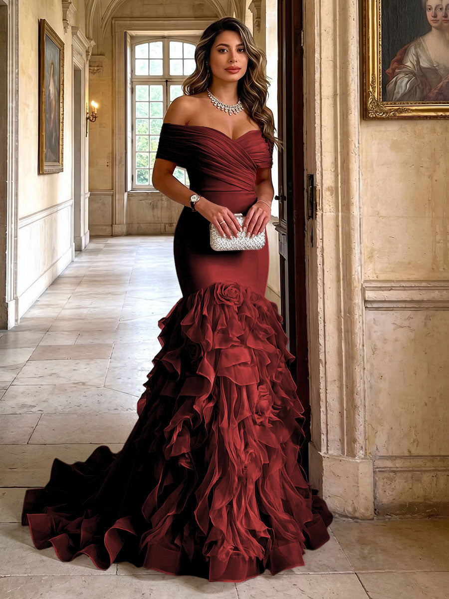 Stretch Jersey Mermaid/Trumpet Off Shoulder Maxi Evening Dresses with Tiered Layers & Ruffles