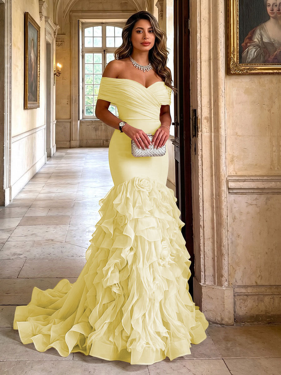 Stretch Jersey Mermaid/Trumpet Off Shoulder Maxi Evening Dresses with Tiered Layers & Ruffles