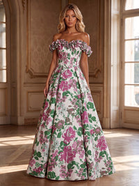 Jacquard A-Line/Princess Off Shoulder Maxi Evening Dresses with Corset Bodice & Ruched Waist