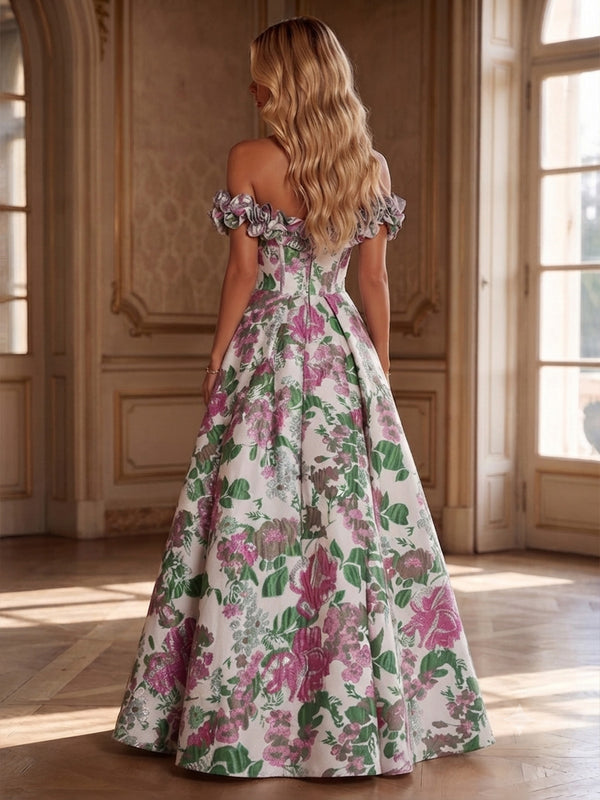 Jacquard A-Line/Princess Off Shoulder Maxi Evening Dresses with Corset Bodice & Ruched Waist